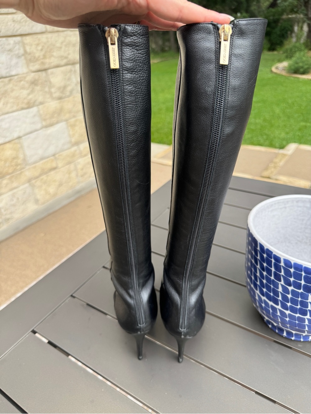 Jimmy Choo Black Leather Knee-High Pointed Toe Boots - Picture 2 of 7